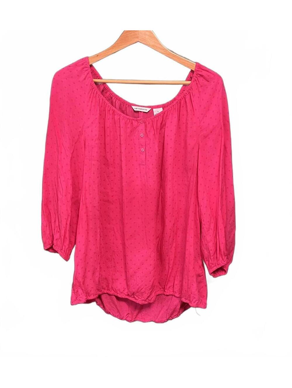 Liz Claiborne Fuchsia Pink Polka Dot Blouse Size L, 3/4 Sleeve Peasant Top